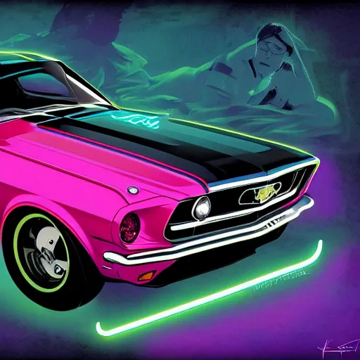 Image similar to a detailed render of a neon colored batmobile in a 1 9 6 7 ford mustang fastback, vector art, art by john collier and albert aublet and krenz cushart and artem demura and alphonse mucha, cosmic, heavenly, god rays, intricate detail, cinematic, 8 k, cel shaded, unreal engine, featured on artstation, pixiv