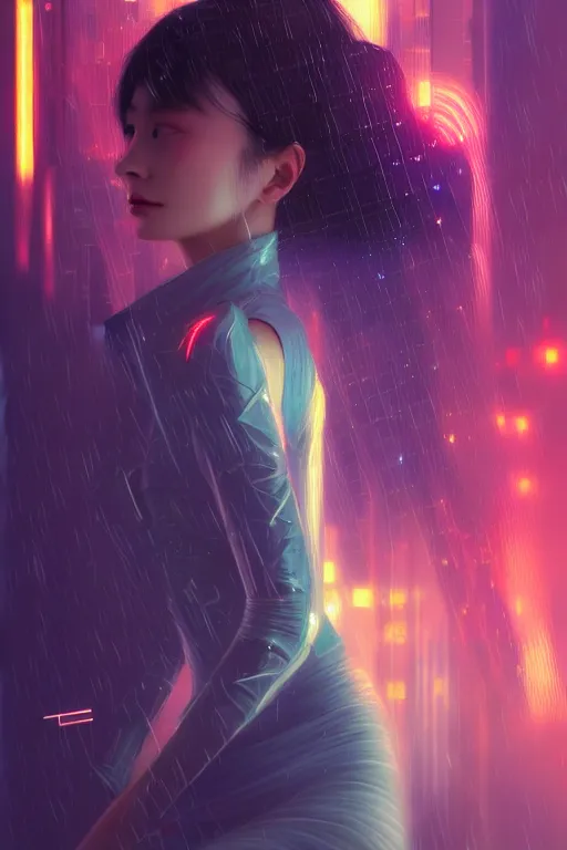 Prompt: portrait futuristic wizard Girl with thunder and fire sparkles and starlight, n future cyberpunk tokyo heavy rainning rooftop , ssci-fi, fantasy, intricate, very very beautiful, elegant, human structure, neon light, highly detailed, digital painting, artstation, concept art, smooth, sharp focus, illustration, art by tian zi and WLOP and alphonse mucha