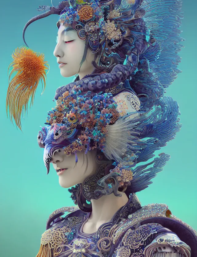 Image similar to 3 d goddess close - up profile solarpunk portrait ram skull. beautiful intricately detailed japanese crow kitsune mask and clasical japanese kimono. betta fish, jellyfish phoenix, bio luminescent, plasma, ice, water, wind, creature, artwork by tooth wu and wlop and beeple and greg rutkowski