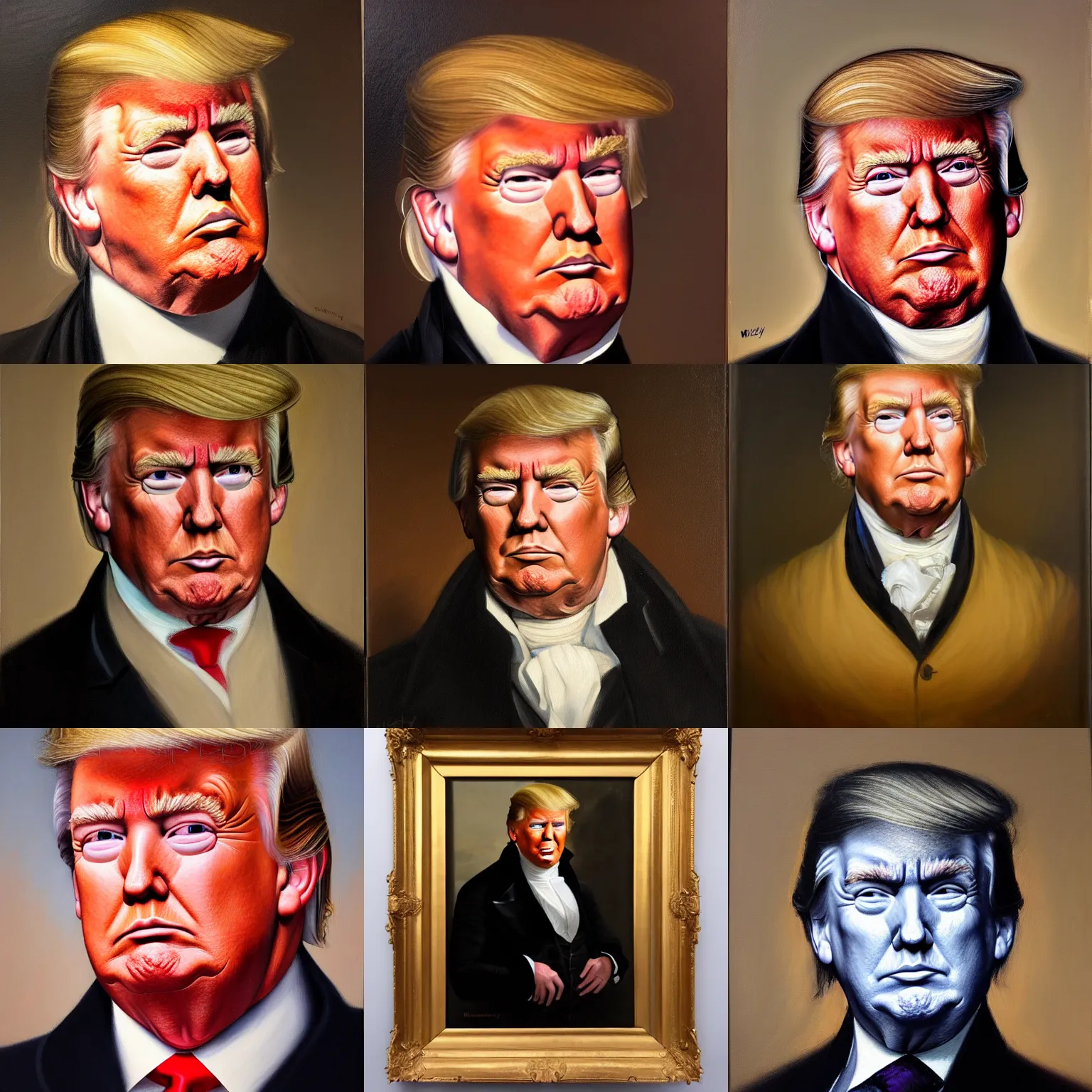 Prompt: facial portrait of president donald trump, oil on canvas by william sidney mount - 1 7 9 2, trending on artstation