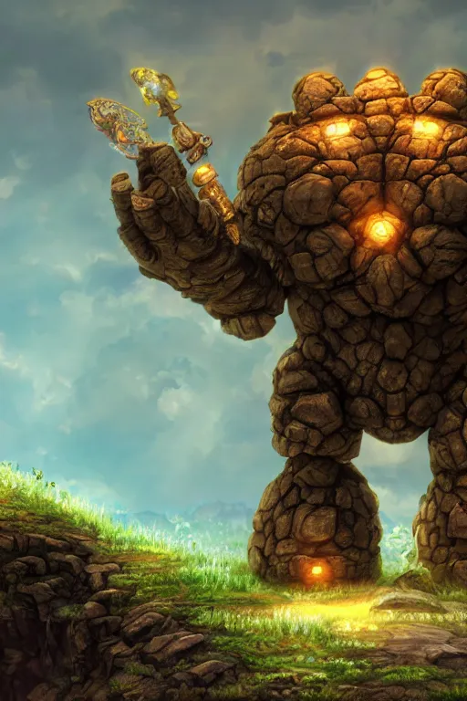 Image similar to zelda fantasy art giant golem troll wood rock greeble gemstone, global illumination ray tracing hdr fanart arstation by sung choi and eric pfeiffer and gabriel garza and casper konefal