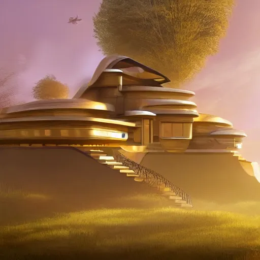 Prompt: futuristic house inspired by a tibetan palace between big trees, yellow clouds, dramatic lighting, artstation, matte painting, raphael lacoste, simon stalenhag, frank lloyd wright, zaha hadid