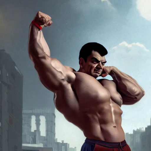 Prompt: upper body portrait of a hulking bulky swole steroids musclebound huge bodybuilder muscular herculean chiseled mr bean rowan atkinson, cinematic lighting, photorealistic, octane render, 8 k, depth of field, 3 d, art by artgerm and greg rutkowski and alphonse mucha and uang guangjian and gil elvgren and sachin ten