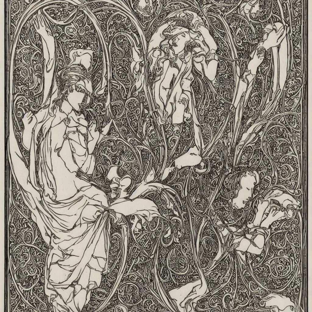 Image similar to phalic engraving , art nouveau, monochromatic