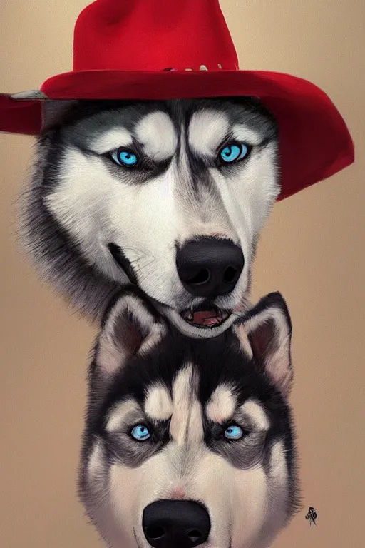 Image similar to a portrait painting of a husky in cowboy costume, wearing a cowboy hat, by studio ghibli, [ western film ], [ red dead ], trending on artstation