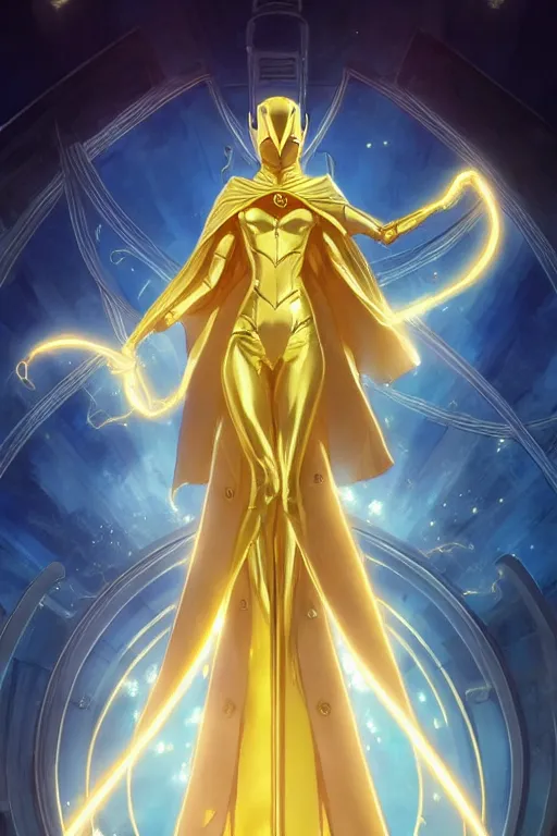 Image similar to anime key visual of a beautiful young female doctor fate!! intricate, gold and blue suit, cape, glowing, powers, dc comics, cinematic, stunning, highly detailed, digital painting, artstation, smooth, hard focus, illustration, art by artgerm and greg rutkowski and alphonse mucha