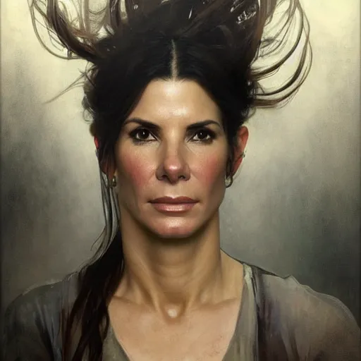 Image similar to hyperrealist portrait of sandra bullock. by jeremy mann and alphonse mucha, fantasy art, photo realistic, dynamic lighting, artstation, poster, volumetric lighting, very detailed faces, 4 k, award winning