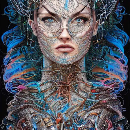 Image similar to beautifully stunning stonepunk woman_integrating_with_technology_full_face_insipiring_detailed_intricate_ornate_cables_connected_to_head_big_open_electric_eyes_ the_singulairty is now by android jones