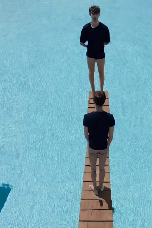 Prompt: troye sivan standing on the diving board, red weapon 8 k s 3 5, cooke anamorphic / i lenses, highly detailed, cinematic lighting