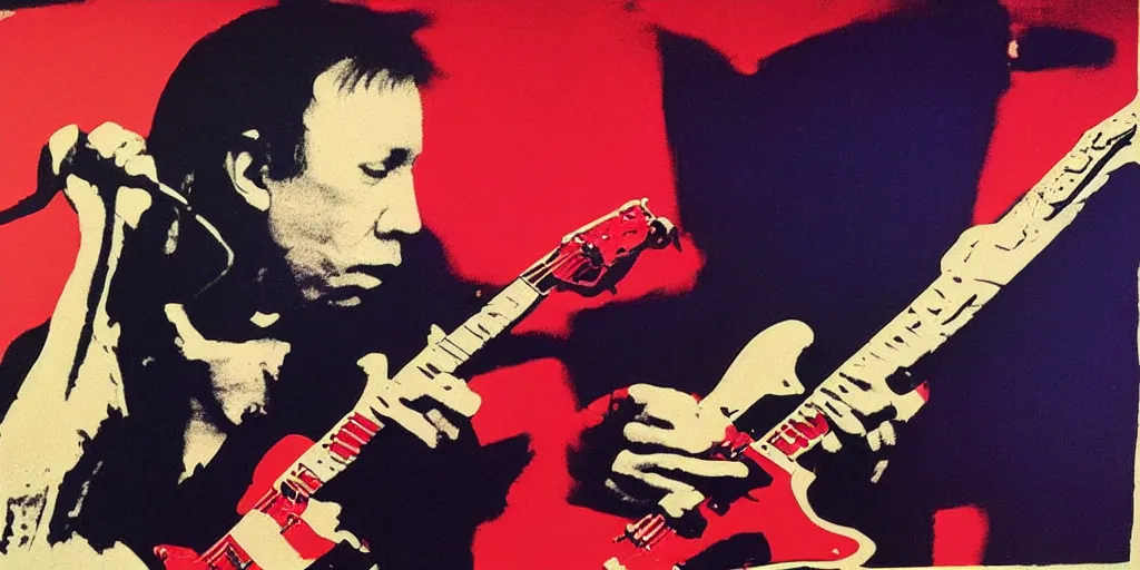 Image similar to rock musician Robin Trower portrait painted by Andy Warhol,
