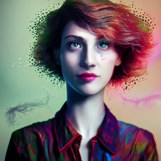 Image similar to women portrait made out of exploding paint, short hair, octane render, highly detailed, realistic, tim burton and bob ross comic book art, matte painting, holographic