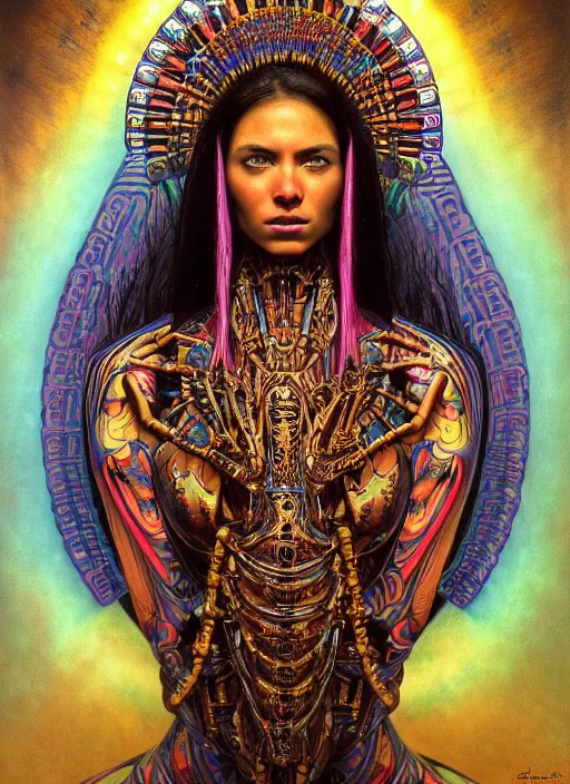 Prompt: masterpiece portrait of an beautiful aztec girl with biomechanical modifications surrounded by chromatic ink pour and flowing liquid complex sacred geometry, powerful, cinematic, dramatic lighting, by elden ring, h. r. giger, beksinski, alphonse mucha, artgerm, donato giancola, tom bagshaw, trending on cgsociety, octane render, 8 k