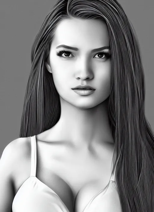 Image similar to full body portrait of a beautiful young woman in black and white, photorealistic, hair down to waist, sharp focus, in the style of Kevin Kostic, Stephen Lau and artgerm, hyper sharp focus, 8k highly detailed