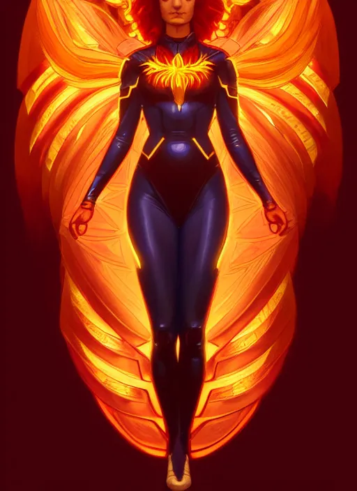 Prompt: symmetry portrait of the dark phoenix from x - men, glowing lights, intricate, elegant, highly detailed, digital painting, artstation, concept art, smooth, sharp focus, illustration, art by artgerm and greg rutkowski and alphonse mucha