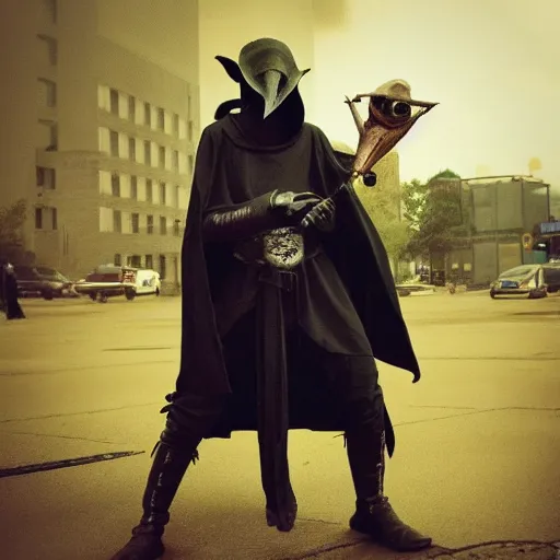 Image similar to photo of a futuristic plague doctor warrior