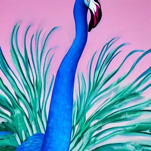 Prompt: pink flamingo with long blue and green peacock feather tail detailed oil painting 4k