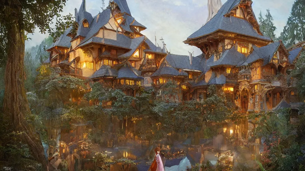 Image similar to a beautiful painting of art nouveau swiss chalet elven rivendell at sunrise, with an elven girl looking out from her balcony, intricate, elegant, highly detailed, digital painting, artstation, concept art, by krenz cushart and artem demura and alphonse mucha