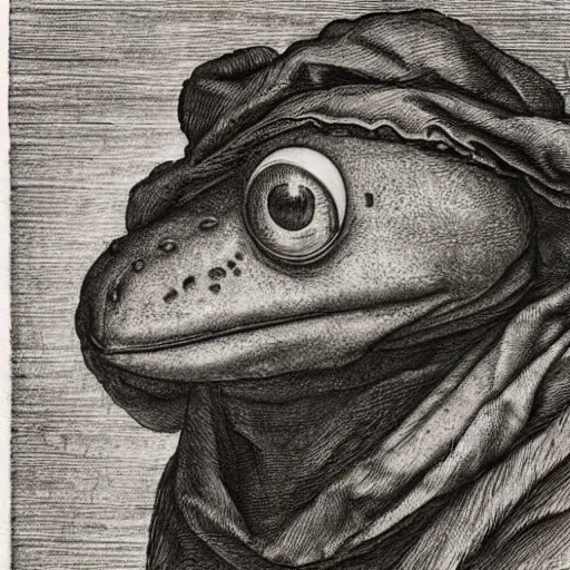Image similar to traditional portrait of kermit in front of a window, close up, realistic, drawing by Albrecht Dürer