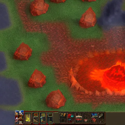 Image similar to TzKal-Zuk at the Inferno, old school runescape, lava river, magma, large shield of magma, obsidian pillars