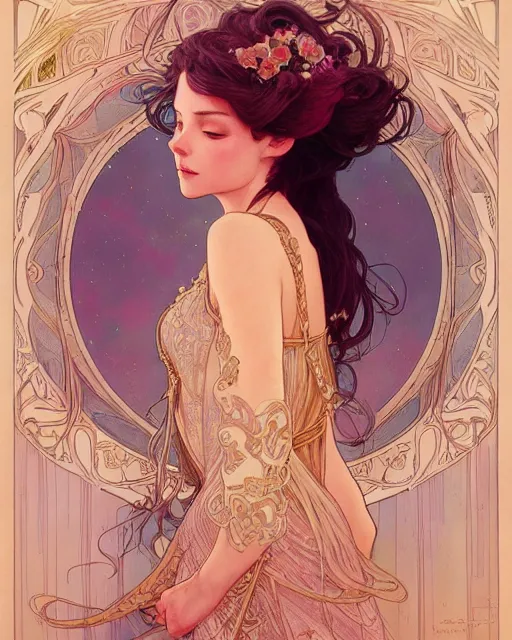 Image similar to secret romance, highly detailed,, art nouveau, gold filigree, romantic storybook fantasy, soft cinematic lighting, award, disney concept art watercolor illustration by mandy jurgens and alphonse mucha and alena aenami, pastel color palette, featured on artstation