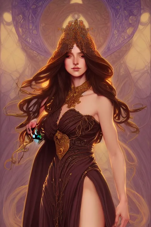 Prompt: Female wizard holding hourclass , fantasy, long hair, intricate, elegant, highly detailed, digital painting, artstation, concept art, smooth, sharp focus, illustration, art by artgerm and mucha