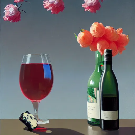 Image similar to an achingly beautiful still life featuring blooming flowers, tillamook cheese, and red wine , very coherent, painted by Edward Hopper, Wayne Barlowe, painted by James Gilleard, airbrush, art by JamesJean