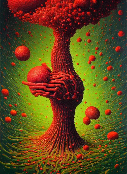 Prompt: hyper detailed Oil painting - It Eats of the Strangling Fruit and Its gossamer polyp blossoms bring iridescent fungal flowers whose spores black the foolish stars by Jacek Yerka, Mariusz Lewandowski, Abstract brush strokes, Masterpiece, Edward Hopper and James Gilleard, Zdzislaw Beksinski, Mark Ryden, Wolfgang Lettl, hints of Yayoi Kasuma