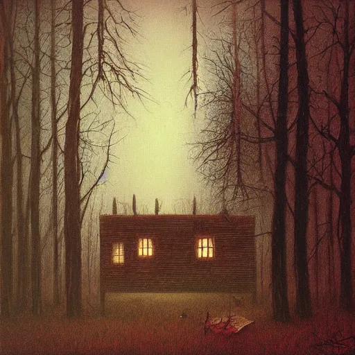 Image similar to a painting of a eerie cabin in the middle of the woods in the style of beksinski