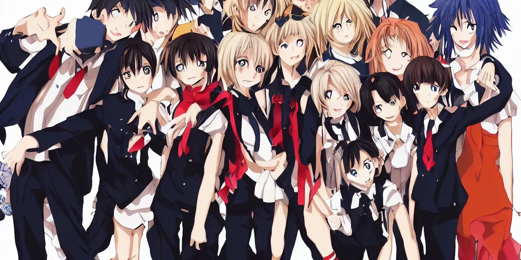 Image similar to 2 anime girls posing with 6 anime boys