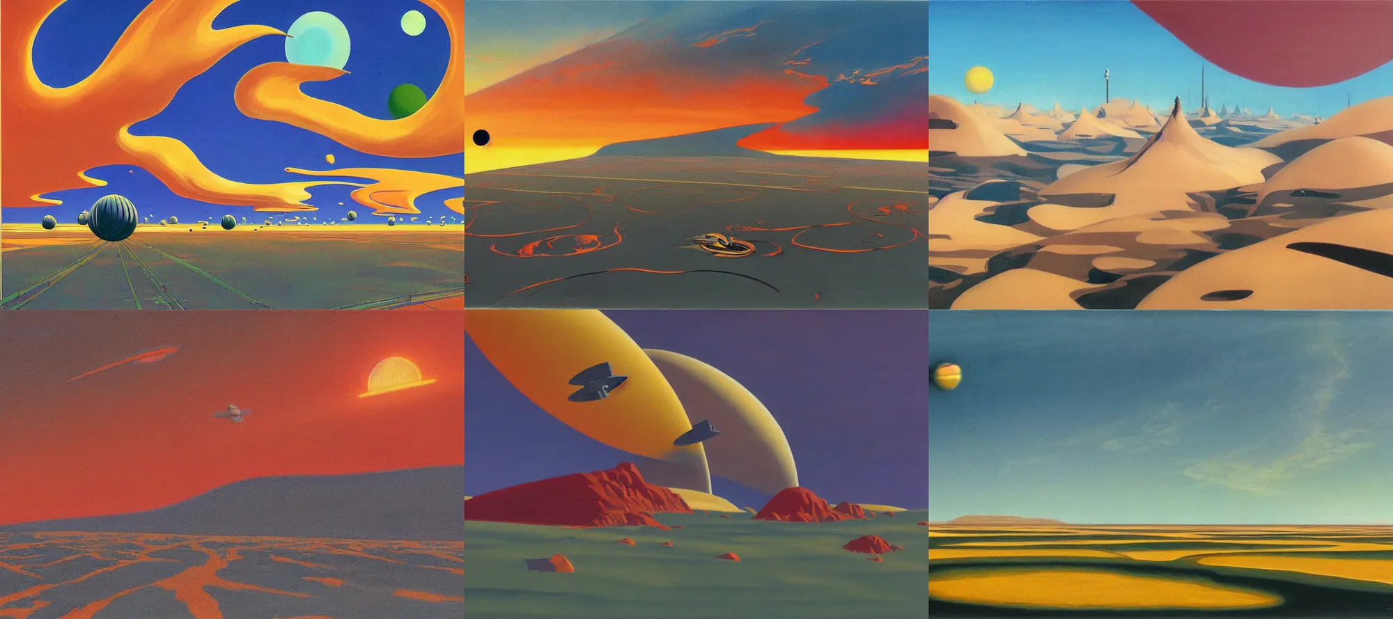 Prompt: Great Plains in the style of Dr. Seuss, starships, painting by Ralph McQuarrie