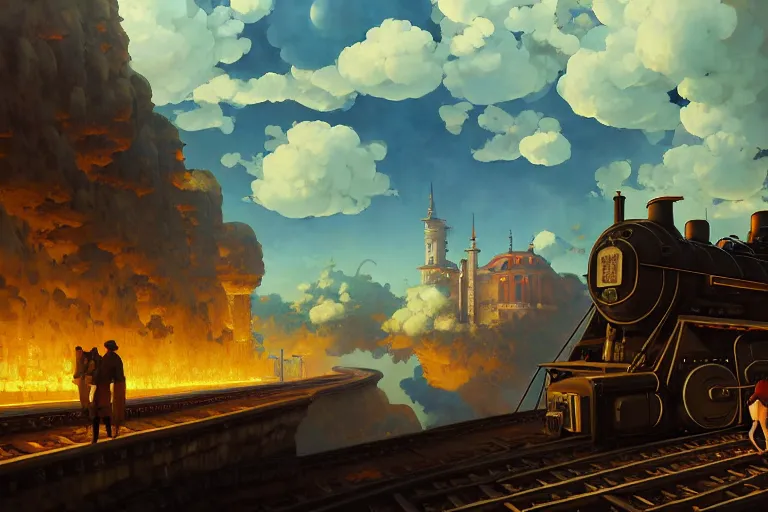 Image similar to baroque oil painting of anime key visual environment concept art of industrial revolution steam train, brutalist, dark fantasy, rule of thirds, fake hidden detail, trending on pixiv fanbox, acrylic palette knife and brush, style of makoto shinkai studio ghibli genshin impact jamie wyeth james gilleard greg rutkowski