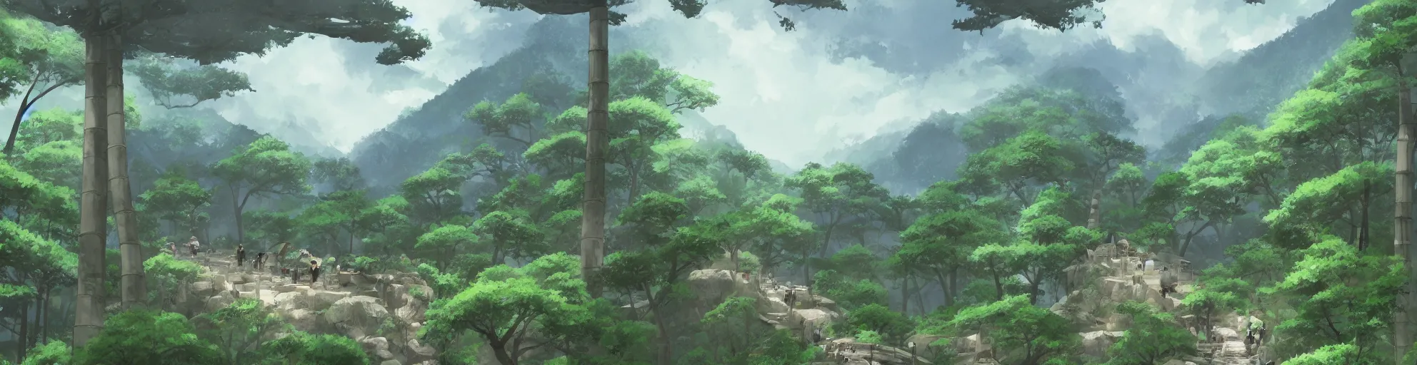 Prompt: one pagoda with a path surrounded by mountains, stormy weather. Pandas in a bamboo forest. Makoto Shinkai, anime, trending on ArtStation, digital art.