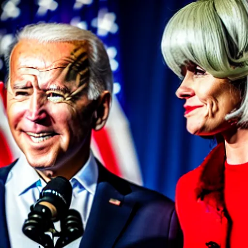 Image similar to photograph of Joe Biden and a gray alien wearing a blonde wig and a red dress, at a press conference