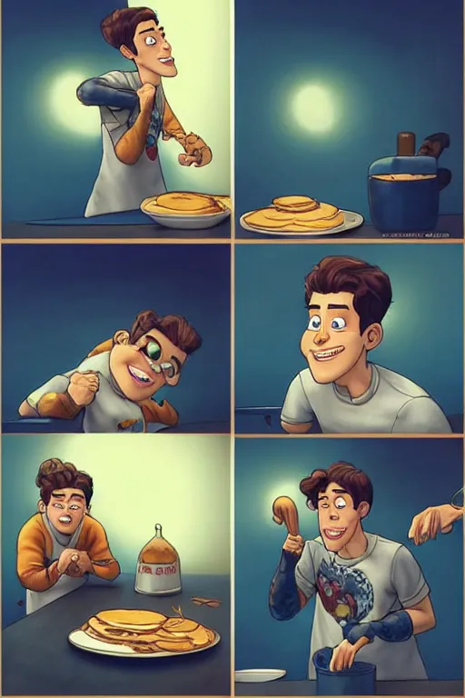 Image similar to pete davidson making pancakes, animation pixar style, by pendleton ward, magali villeneuve, artgerm, rob rey and kentaro miura style, golden ratio, trending on art station