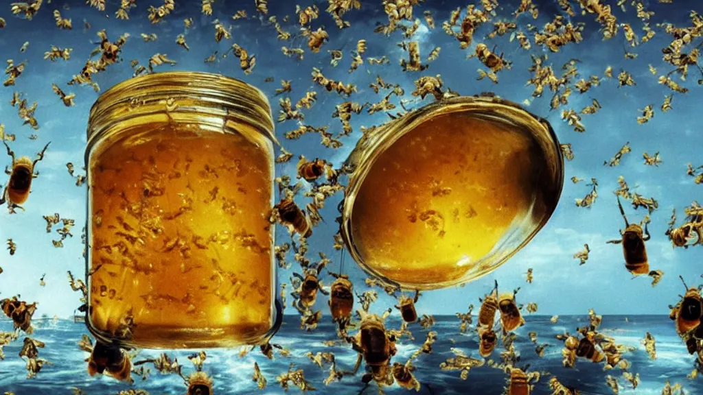 Image similar to The Beatles!!! drowning in honey! in a large honey jar, film still from the movie directed by Denis Villeneuve with art direction by Salvador Dalí, wide lens