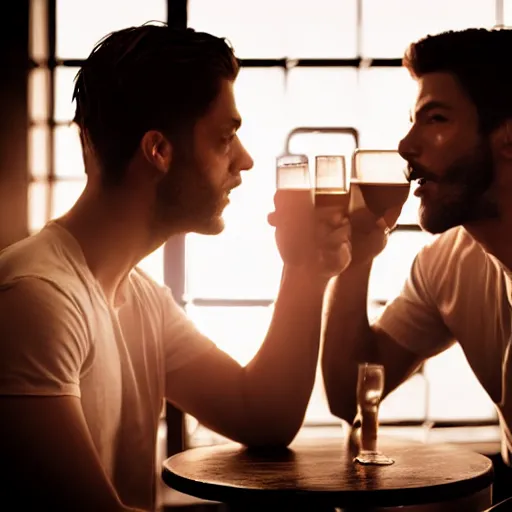 Image similar to cinematic scene with attractive male and another attractive male, drinking their hearts out, in the pub, high definition, very detailed, volumetric lighting, still frame