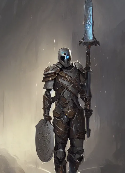 Image similar to portrait of a warforged character holding a paladin engraved longsword and carrying a big shield, epic rough concept art, by Greg Rutkowski