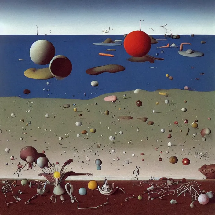 Image similar to the first color getting out of the primordial ocean to walk on land. codex seraphinianus. painting by yves tanguy, jan van eyck, moebius, walton ford, rene magritte