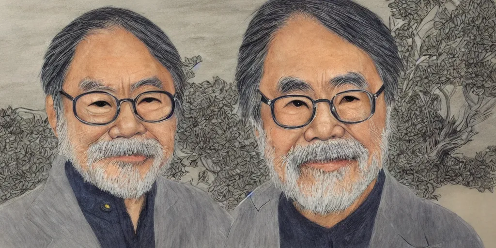 Image similar to impressionistic portrait of hayao miyazaki, extremely intricate, hyper detailed, hd, masterpiece