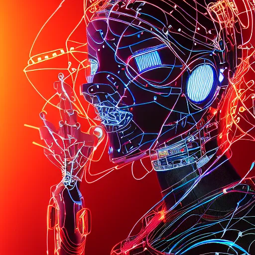 Image similar to a beautiful body of a bot pilot woman mostly made of wires and electronic circuits led luminous, an ultrafine detailed illustration by james jean, final fantasy, intricate linework, bright colors, behance contest winner, vanitas, angular, altermodern, unreal engine 5 highly rendered, global illumination, radiant light, detailed and intricate environment