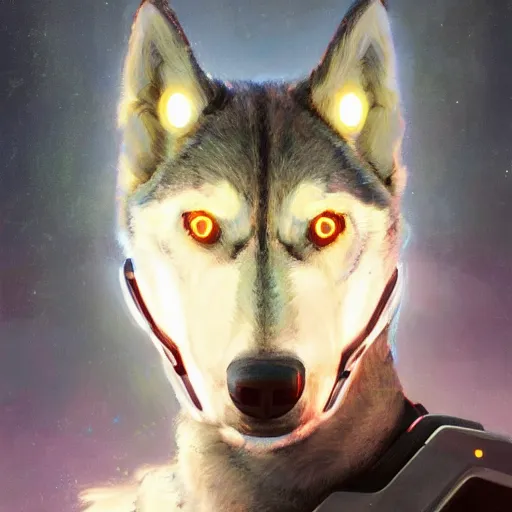 Image similar to tesla power armor realistic cyborg anthropomorphic husky electric field glowing, cyberpunk, portrait art by donato giancola and greg rutkowski, realistic face, glowing in tesla electricity visible magnetic field, digital art, trending on artstation, symmetry