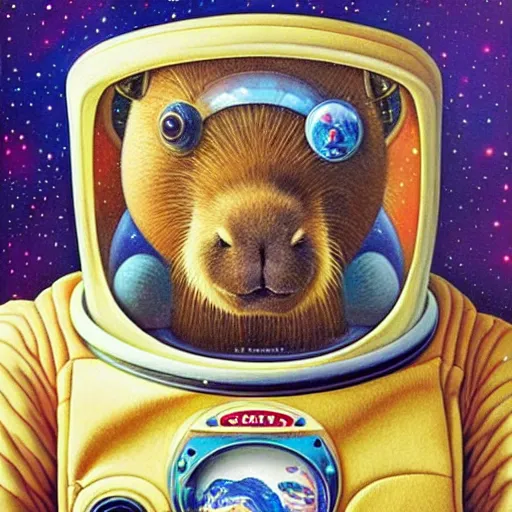 Prompt: beautiful detailed and adorable portrait of a capybara astronaut in a spacesuit by casey weldon by mark ryden by thomas blackshear, super cute, new contemporary, pop surrealism, oil painting