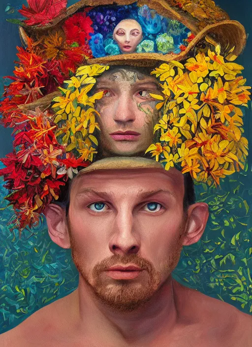 Image similar to a painting of a man with a strange hat on his head, a surrealist painting by Szymon Kot, behance contest winner, metaphysical painting, made of flowers, oil on canvas, detailed painting