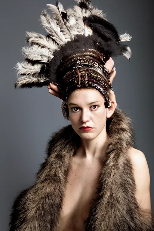 Prompt: a woman in a buffalo headdress wearing fur, cosplay, photoshoot, studio lighting, photograph by Bruce Weber