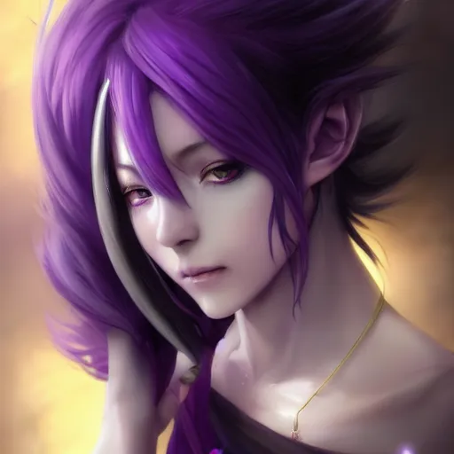 Image similar to beautiful anime woman with purple hair, a horn! on her forehead, a horn on her head, one horn, a single horn, purple eyes, a purple tuxedo, sharp focus, intricate, cell shaded, award winning photography, cinematic, digital painting, cinematic, wlop, 8 k, by ross tran, tom bagshaw