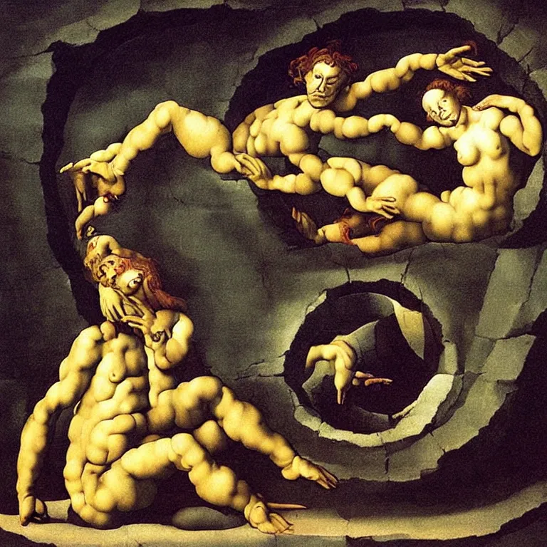 Image similar to optical illusion painting of a couple dancing in a worm hole, illusionism, mind blow, by michelangelo and salvador dali, detailed