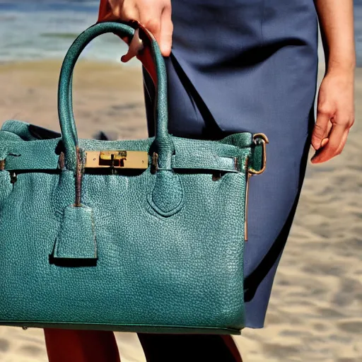 Prompt: the first handbag to leave the ocean and crawling onto the land