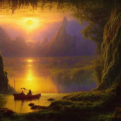 Image similar to a beautiful and highly detailed matte painting of the lost land by a beautiful lake, sunset, celtic, psychedelic, epic scale, insanely complex, hyperdetailed, sharp focus, hyperrealism, artstation, cgsociety, 8 k, bright colors, by caspar friedrich, albert bierstadt, james gurney, brian froud,