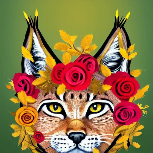 Prompt: lynx wearing a flower circle made out of roses and golden leaves on his head, a majestic crown, an expressive digital painting, high quality art,