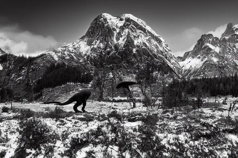 Image similar to tyrannosaurus rex large theropod dinosaur standing inside a valley, snowy peaks, in the style of ansel adams, black and white, old, master photography